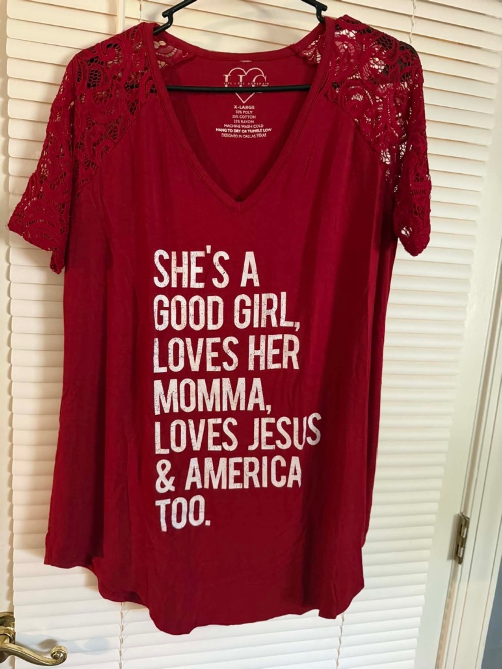 Red V-Neck Graphic Tee with Lace Sleeves - Women's